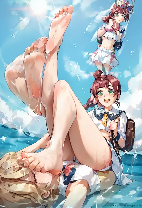 Chloe ceries (pokemon) , foot focus,2 sole,barefoot, masterpiece, Highest quality, Very detailed, high school girl、Diving