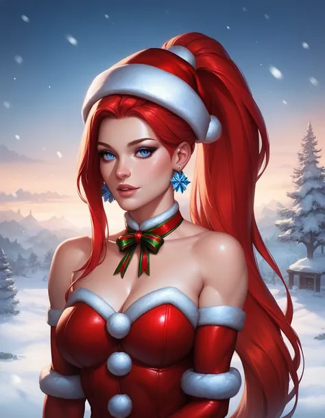 female sleeveless catsuit, bare shoulders, racerback, long gloves, toned arms, beautiful faces, red ponytail with showing forehead, long ponytail, earrings, soft smooth skin, pale skin, winter city background, blue eyes, sci-fi, high contrast, christmas, w...