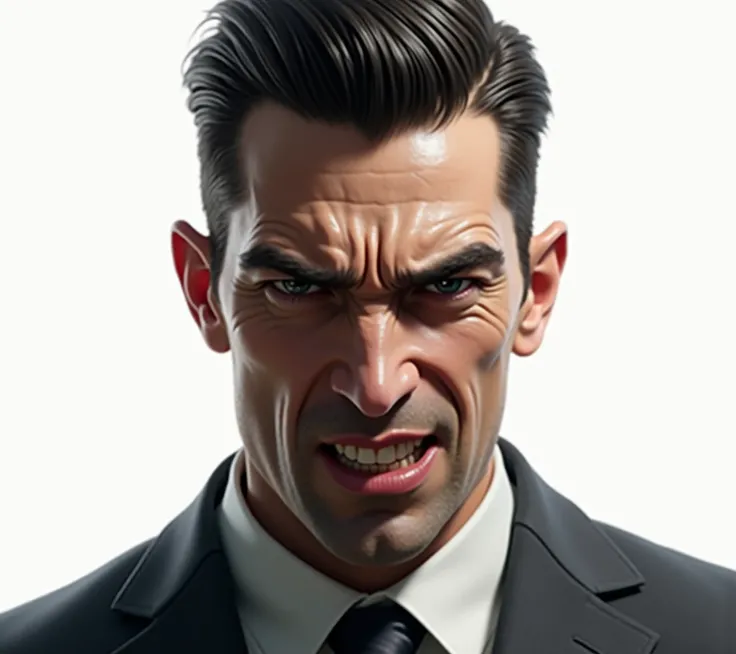 create a 2/3 view of young & cruel business man with cruel & angry expression on his face , hyper realistic , realism , white backgroun