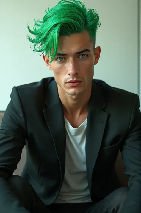 A man with green hair and blue eyes sits cool.