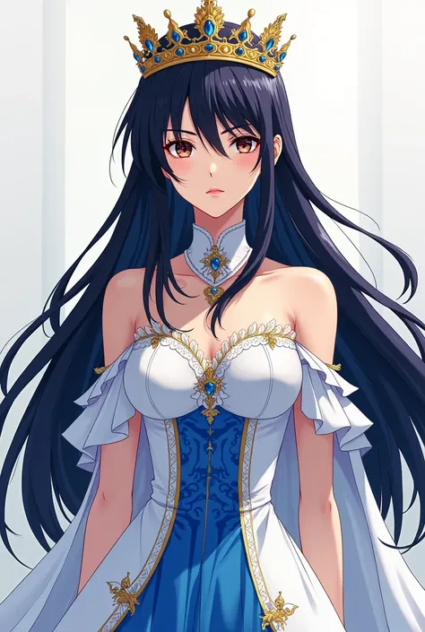 A princess with long black hair with dark blue and a white dress with blue in the middle anime version that looks serious wearing a crown 