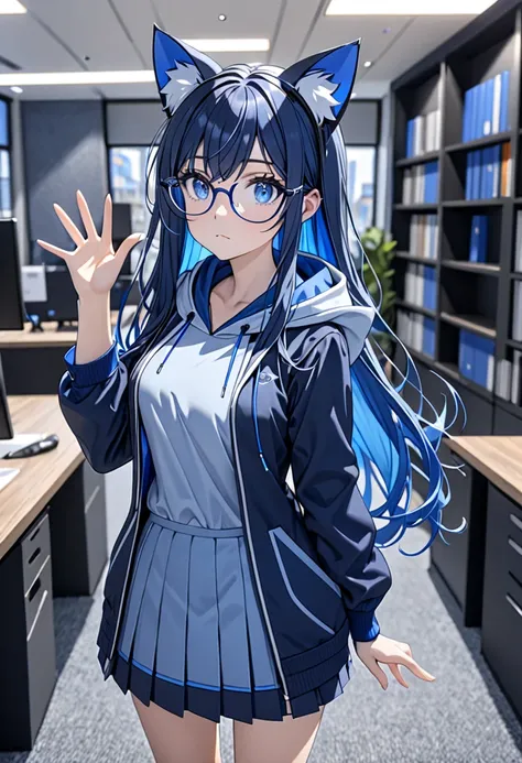 8K Ultra High-Quality, ultra-detailed, High quality, dark blue hair, Blue inner layer hair blue eyes, long hair, Cat ears, partially fingerless gloves, glasses, blue opened hoodie, blank expression, skirt, waving, standing up, side view, close up, full bod...