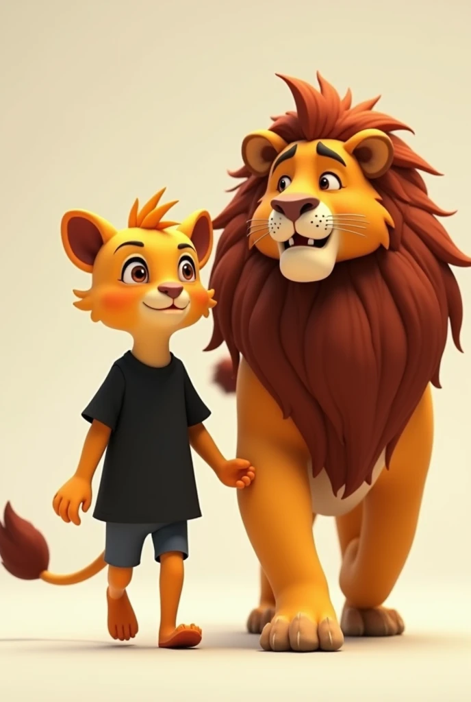 An animated peria dressed in a black t-shirt walks next to the same lion