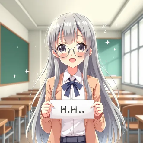 make an anime picture with a schoolgirl with gray long hair in round glasses who gets a good grade shes smart 