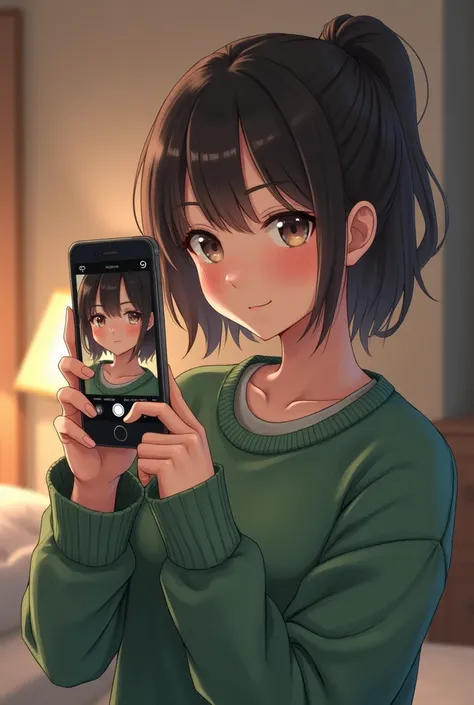 Anime A girl in a shirt and a green sweater takes pictures of herself on the phone, pazes 