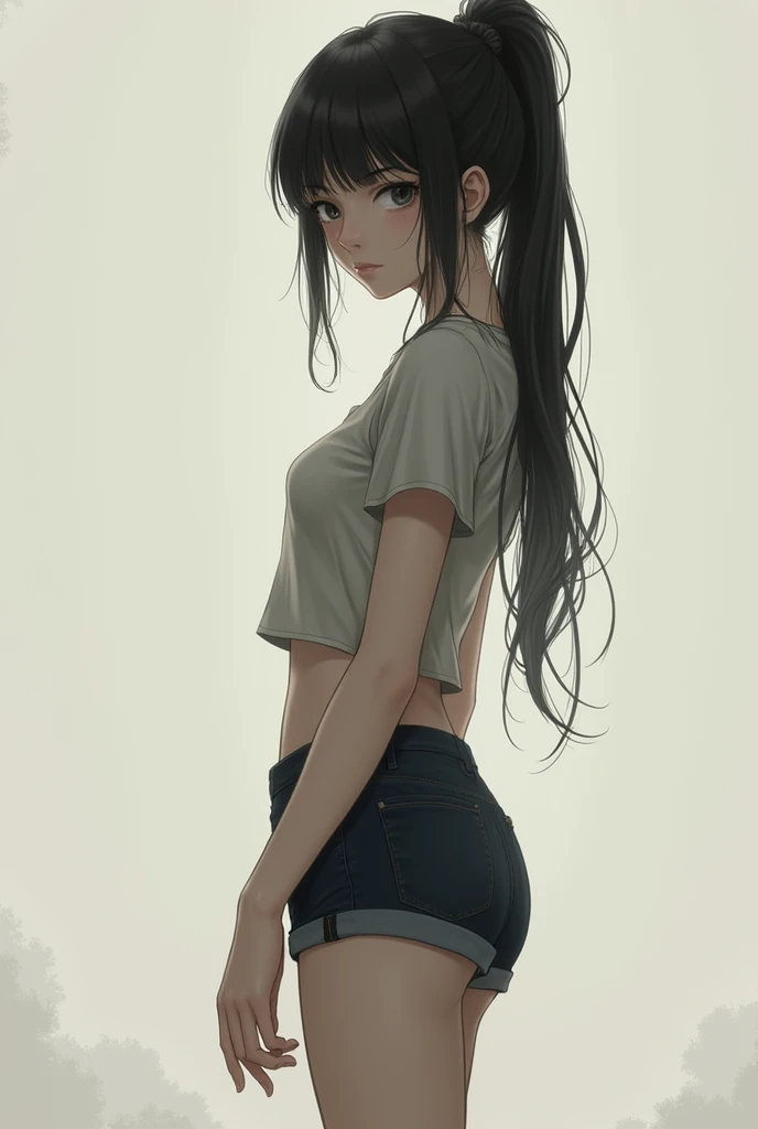 Girl , Dark gray eyes,  dark hair ,  ponytail , thin body,  narrow waist , , wearing a top and shorts