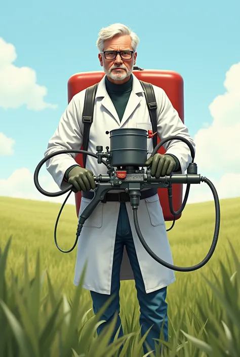 standing man with holding tank wearing lab kit and sparying fertilizer in ground  create with out background