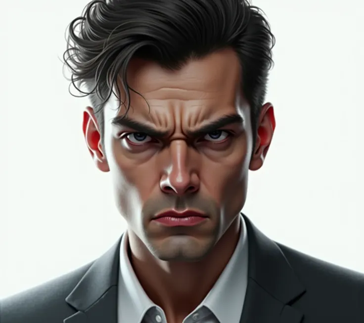 create a 2/3 view of very young & cruel indian business man with angry expression on his face , 2/3 view of that man , hyper realistic , white background