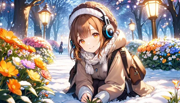 background：Small flower bed in the park 、 colorful winter flowers are blooming 。  
expression： happily staring at the flowers and smiling 。  
Costume： knitted hat and duffle coat 。  
 pose： crouching down and gently touching the flowers in the flower bed w...