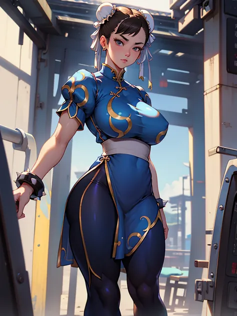  healed thighs ,Chun-li, young Linda wearing blue ,  thick thighs , Beautiful sexy thighs , slightly muscular , Hair,  black leggings, afternoon in a Chinese city , Standing Alone. unique , Blue clothes,  Blue Dress , Look carefully ,  Beautiful Eyes,  bea...