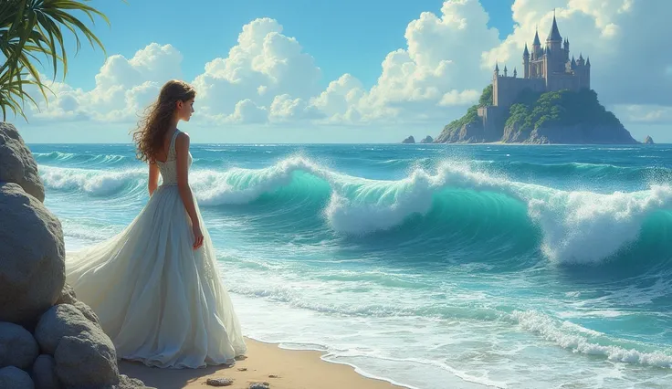 The Princess Watching the Waves

A serene seaside setting with a princess standing on the shore, dressed in an elegant gown. She looks both curious and slightly fearful as she watches powerful waves crashing onto the rocks. The background shows a vast ocea...