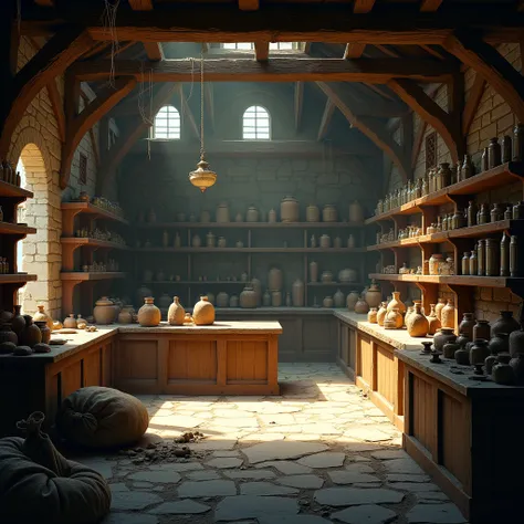 Uninhabited medieval grocery store interior