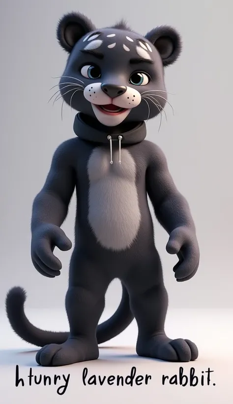  3D cartoon image of a man wearing a black jaguar costume with name HUNGRY LAVENDER RABBIT written beneath the floor. Looking at viewer,  wide shot.