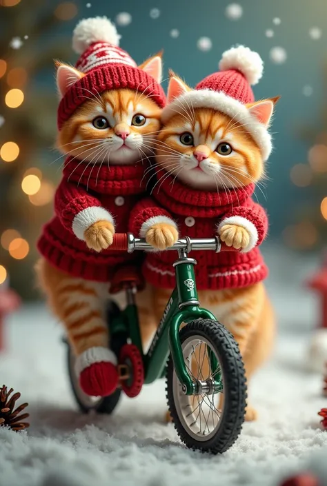 2 fluffy ginger cats wearing a christmas sweater, and a christmas knitted fluffy cap,christmas knitted socks on their paws, cats sit on top of each other on a Christmas bicycle,background Christmas 