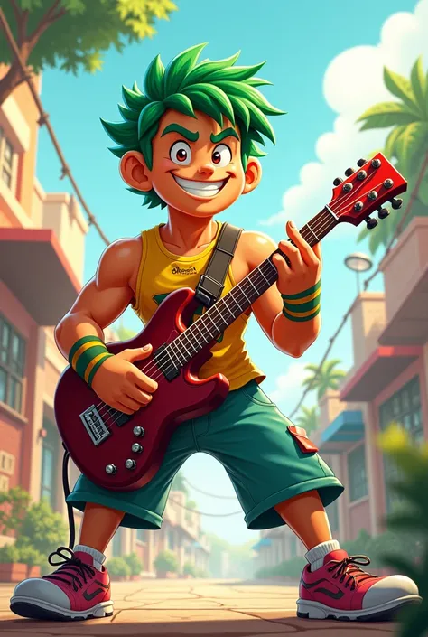 Cebolinha from Mônicas Gang playing a guitar,  with an athletic size  
