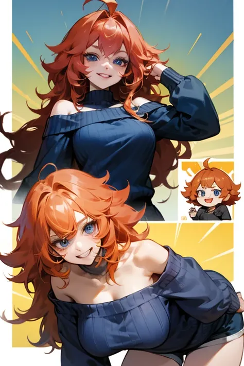 Mereoleona orange hair、grin、bangs、long hair,  cowlick at the top of the head 、Big Breasts ,blue eyes, Thighs、look at me, Anatomically Correct ,she haves fang, Line of sight, navy blue sweater,  smiles,  short pants after the concert, off-shoulder