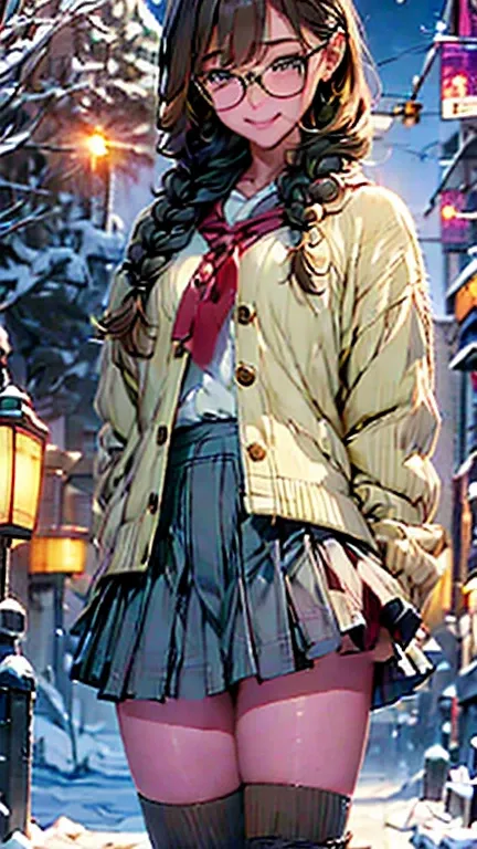  16-year-old girl 、 Japanese、One braid、Brown Hair、Glasses、Cute、 ashamed、 comments、 white muffler、 skirt、 Knee High Socks、 black boots、winter、Snow Scene、空気が澄んだ、Shibuya City、night、 big Christmas tree with clear air、Christmas Neon、 crowds、