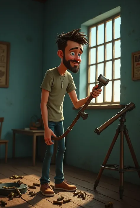 Disney pixar themed Skinny white, handsome man with blue eyes, with dark brown short hair and three-day stubble, who cry, he is in a jail, prisoner, he have the big metal detector in his arms and a lot of old ammunition and old bilons on the ground. There ...