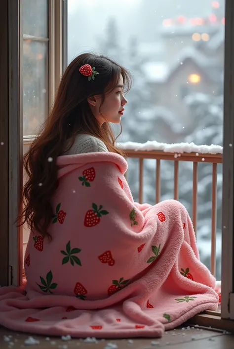 Create real image Girl  sitting on balcony with wearable Hoodie blanket small strawberries print on it backside of girls is visible make it look like real with Christmas background