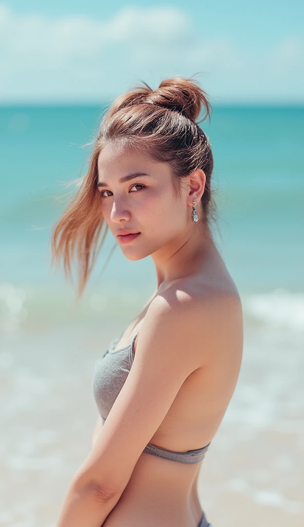 a beautiful tall slender Mexican woman,age 25,ponytail hair,non wearing,Pattaya beach background,natural lighting,(best quality,4k,8k,highres,masterpiece:1.2),ultra-detailed,(realistic,photorealistic,photo-realistic:1.37),detailed face,detailed eyes,detail...