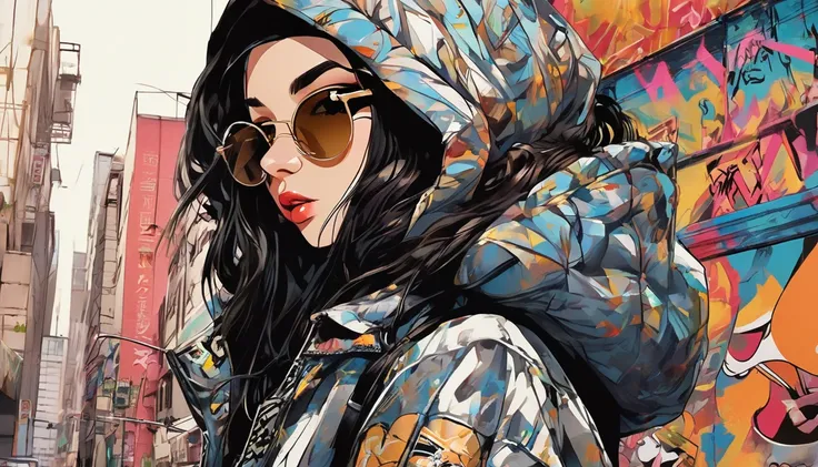  rebellious hip-hop woman ,  her dark hair is styled in a punk rock style ,  compliment her brown eyes and light brown skin . image,  probably vivid paintings ,  accurately captures her bold and unique style . Every Little Detail ,  from her novel attire t...