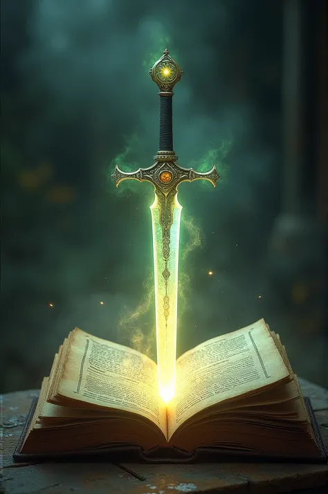 Magic sword embedded in a grimoire page 