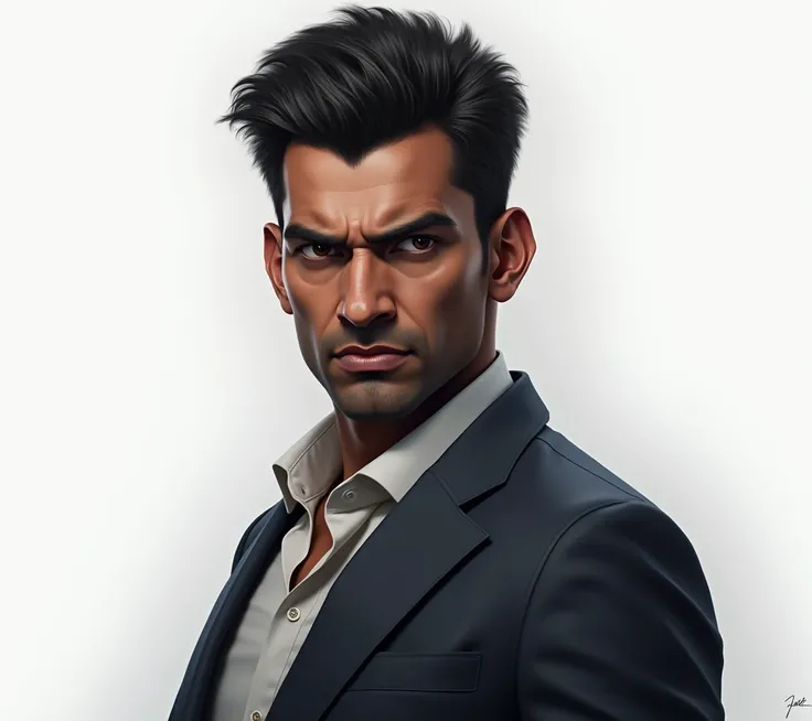 create a 2/3 view of very young & cruel indian business man with angry expression on his face , 2/3 view of that man , hyper realistic , white background , full body view