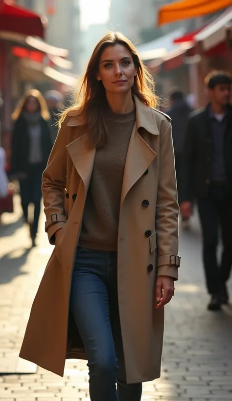 A 36-year-old woman walking through a vibrant street market, dressed in a trench coat.