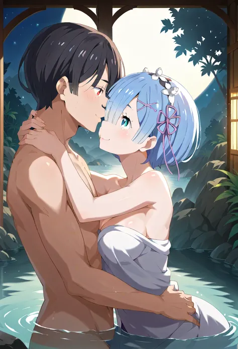  Max Image、 High Quality 、18 years old、 1 girl,  1 boy ,masterpiece,Woman relaxing in a hot spring ,Towel Naked、Close the woman ,A naked man is hugging a woman and having sex, deep kiss,(Rem Rem  / Re:Zero), soaking up to the shoulder、,Looking up at the mo...