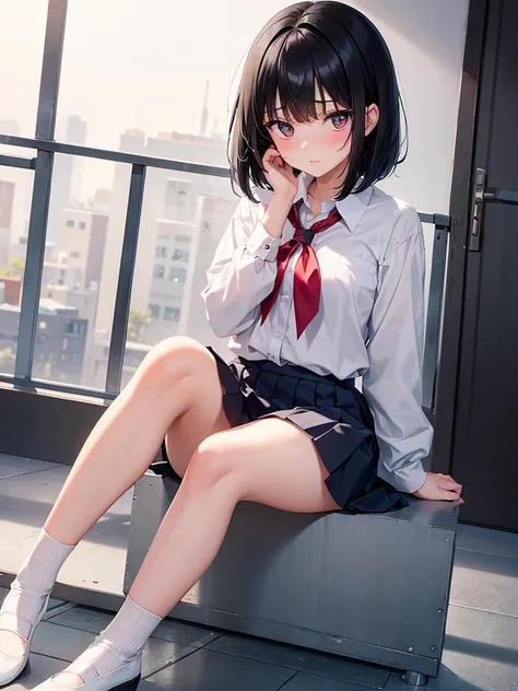 "A teenage girl with silky black hair in a bob cut, blushing fiercely while sitting cross-legged on the floor, her hands resting nervously on her knees, in a simple school uniform, with a white backdrop."
