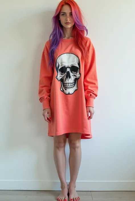   Realistic Image..  natural woman with coral red hair with long purple highlights , Toe back nails polled on the wall full body long sleeve casual dress with bare shoulders and skull print