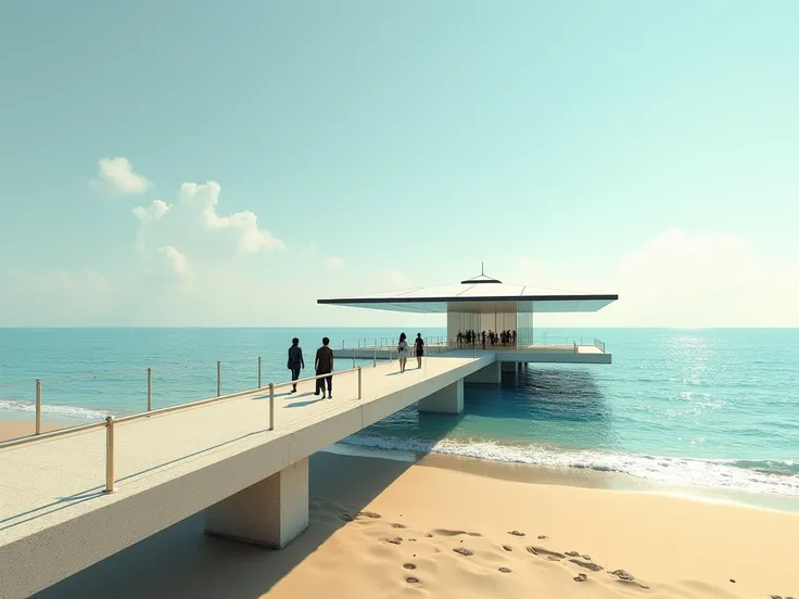 a modern long pier with a roof on a beach seen in perspective as in the picture , Add people 
