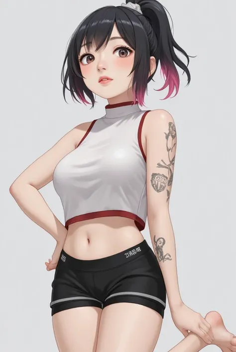  1 girl in uniform, ,  black hair,  pink hair tips , high neck CRP top ,  sleeveless crop top,  black crop top , Gym Shorts, Arm tattoo,  foot tattoo , Butchoukami , 