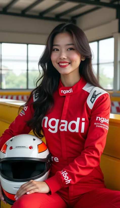 a beautiful smiling Korean woman sitting in the indoor racing area. He wore a red racing suit with white details and the "ngadi" logo on several parts. Her hair was long and flowing, with neat make-up. He holds a white racing helmet with red and orange acc...