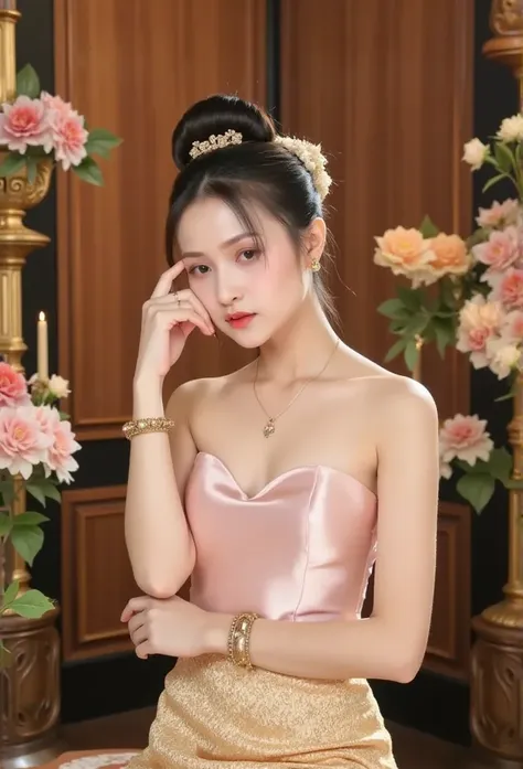 Thai woman hair is styled in an elaborate high bun decorated with gold accessories, dressed in pastel pink silk strapless top and a golden brocade skirt, adorned with delicate floral patterns , complemented by intricate bracelets, necklaces, and earrings. ...