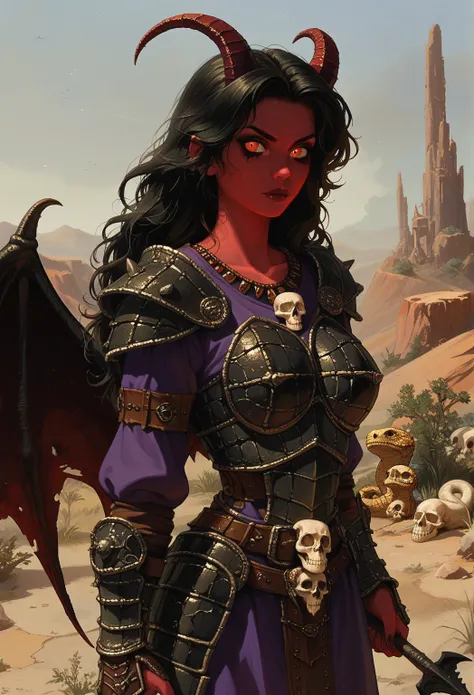 Black hair, spiky hair, extremely long hair, demonic female, demon horns, bat wings, magenta robes, purple tunic, black leather armor, thief armor, rogue armor, tribal armor, spiky armor, solo, fantasy, female demon, snake skin, scaly copper skin, black sp...