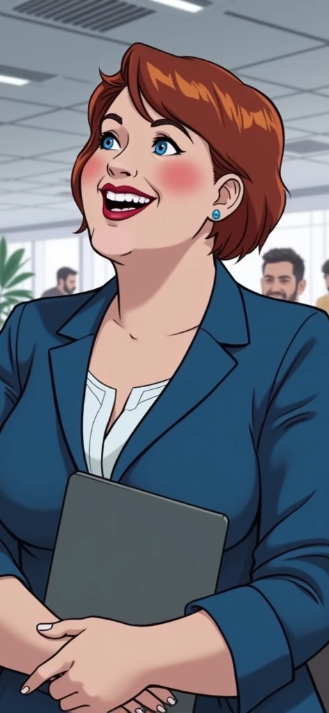 An adult fat woman with very short red hair in the office, there are a lot of colleagues around her .  They congratulate a woman on achieving success and recognition .  A woman is wearing a beautiful blue dress 

Image style - Marvel Comics