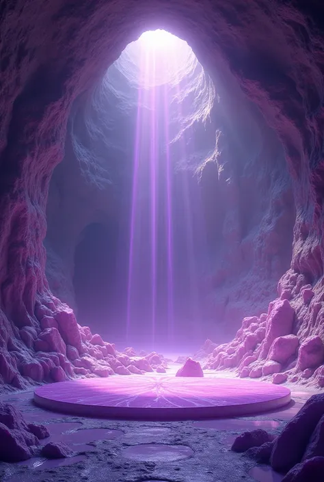 Genre moi une image d une énorme grotte remplie de cristaux violets brillants avec un sol qui ressemble à un ring de boxe