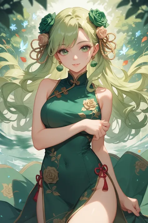 cute wavy long blond hair light-green eye adult girl in green Open-chested cheongsam with rose-and-leaves-hair-pins anime style full-body