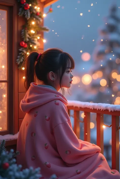 Girl sitting on balcony wearing  Hoodie blanket small strawberries print on it only backside of girls is visible make it look like real with Christmas background