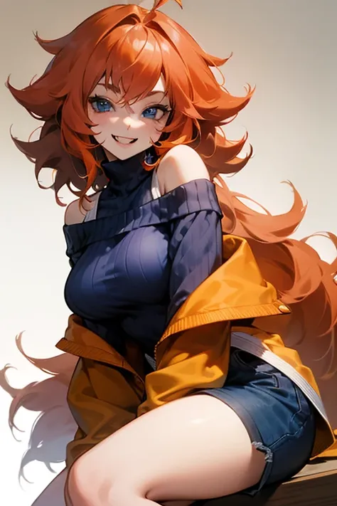 Mereoleona orange hair、grin、bangs、long hair,  cowlick at the top of the head 、Big Breasts ,blue eyes, Thighs、look at me, Anatomically Correct ,she haves fang, Line of sight, navy blue sweater,  smiles,  short pants after the concert, off-shoulder