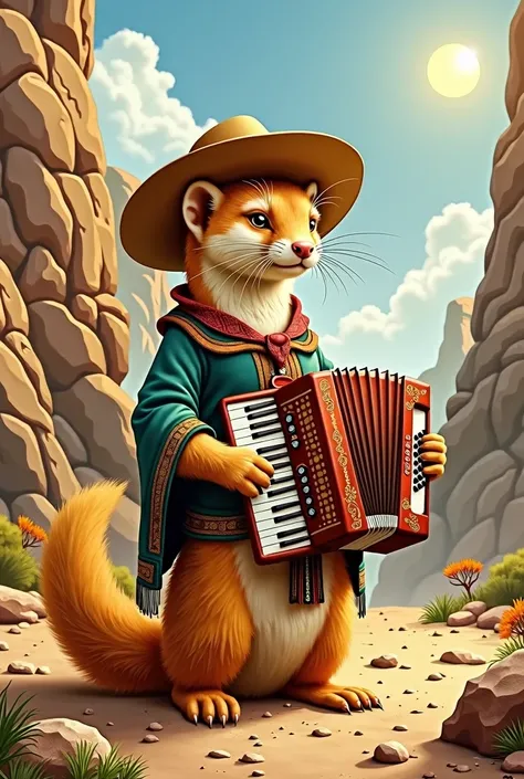  Northeastern golden ferret, Playing accordion ,  wearing cangaceiro clothing ,  in an arid hinterland 