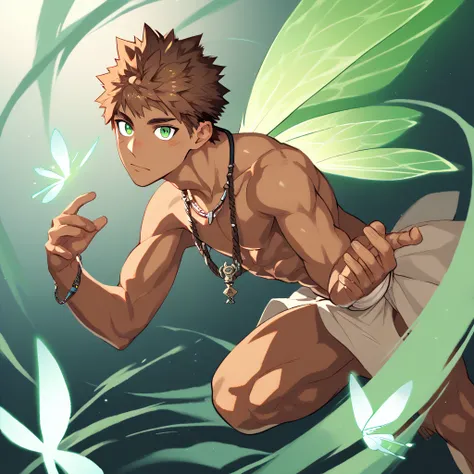 rating explicit, source anime, cinematic angle, motion lines, focus male, muscle, 1boy, whole body, dark skin male, handsome, green eyes, detailed eyes, detailed hands, brown hair, jewelry, looking at viewer, necklace, loincloth, Fairy, 4 Fairy wings, cast...