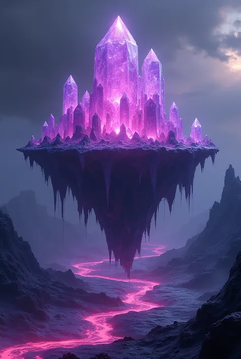 Like me, an image of a purple island on an ocean of dark purple lava with crystals coming out of it. 