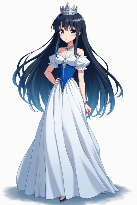 A princess with long black hair with dark blue tips and blue eyes, a long and wide white dress with blue in the middle, anime version that looks serious and friendly with a silver crown and a silver coyar 