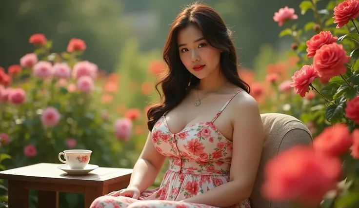 A beautiful voluptuous Korean girl, curvy, detailed face, big breasts, wearing a floral sundress, sitting on a chair facing camera,, there is a table in font of her, with a tea cup, cinematic, highly detailed, photorealistic, 8K, HDR, dramatic lighting, wa...