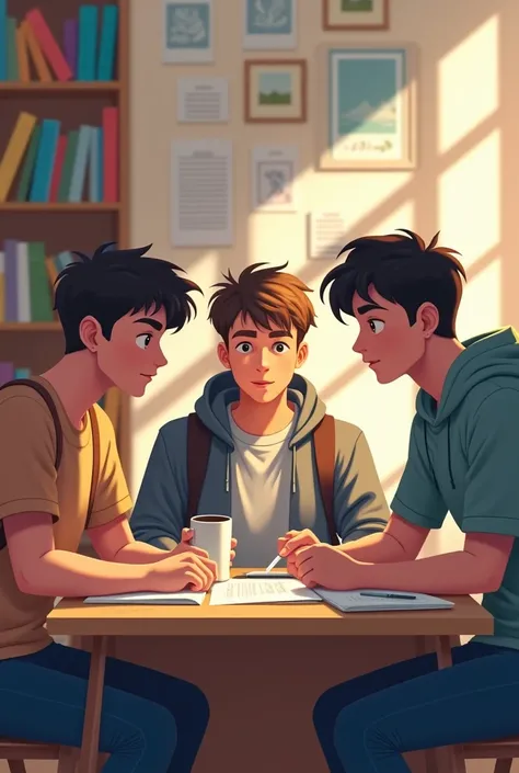 simple drawing of 3 students men studying at dorm