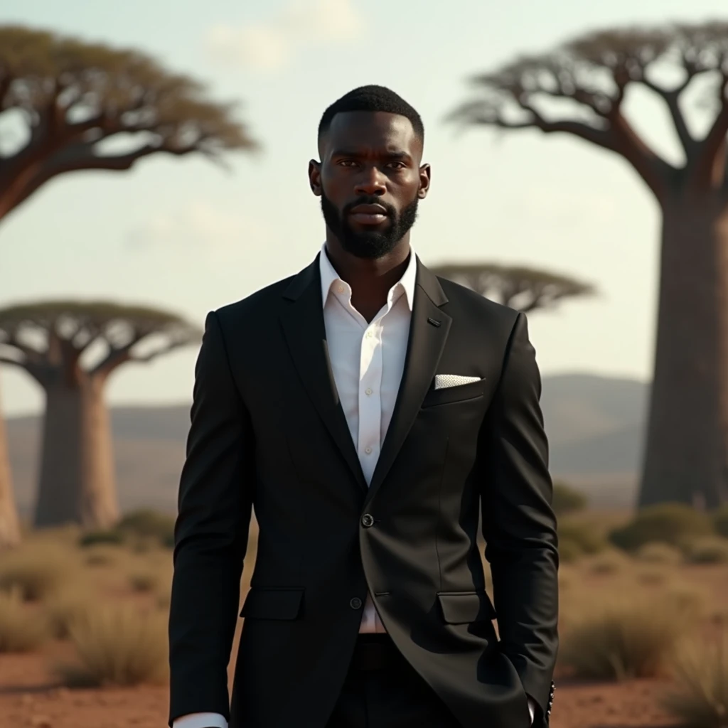 A mixed-race man with dark skin in a black suit and white shirt, standing heroically from head to toe, with a background of baobab trees.