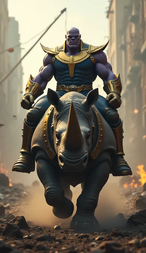 A  version of Thanos riding a monstrous rhino creature in the middle of a battlefield, facing forward and looking directly at the camera. The war-torn landscape is filled with smoke, debris, and ruined structures. Cinematic lighting accentuates Thanos yout...