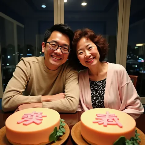 The picture is a candid photo of two people sitting at a table. On the left is a Taiwanese man with short black hair and glasses, wearing a beige sweater, with a fair complexion and a smile, his arms crossed on the table, his head resting on his mothers sh...